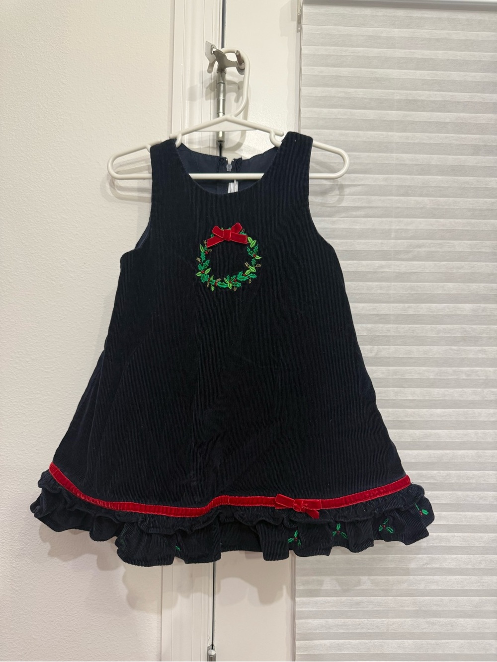 Navy Velvet Holiday Wreath Dress with Red Trim